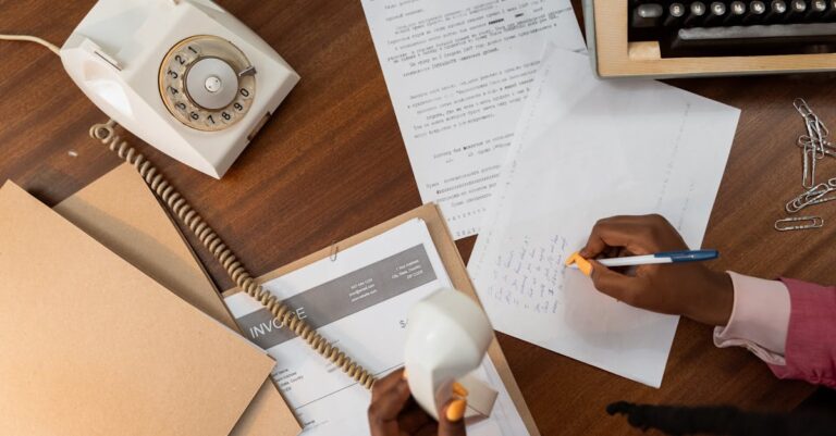 Documentos impressos, e‑mails e caneta sobre mesa prontos para protocolo formal à coordenação