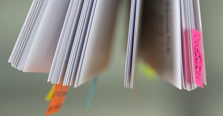 Pesquisadora organizando estrutura de trabalho acadêmico em laptop com notas em papel ao lado