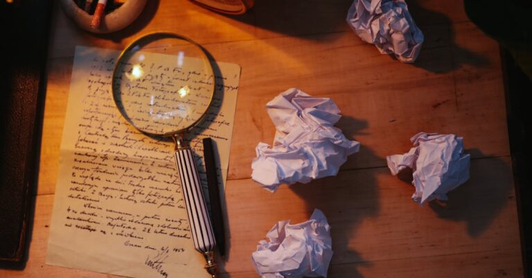 Pesquisador pensativo revisando notas em laptop sobre mesa organizada com fundo limpo