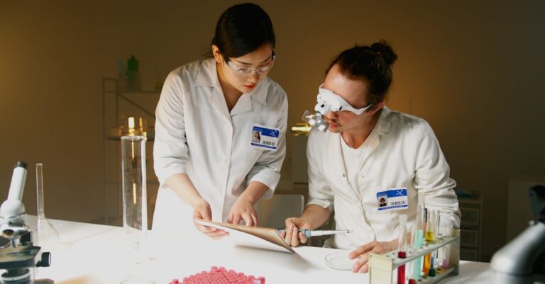 Dois pesquisadores discutindo validação de dados em mesa com documentos e café sob luz natural