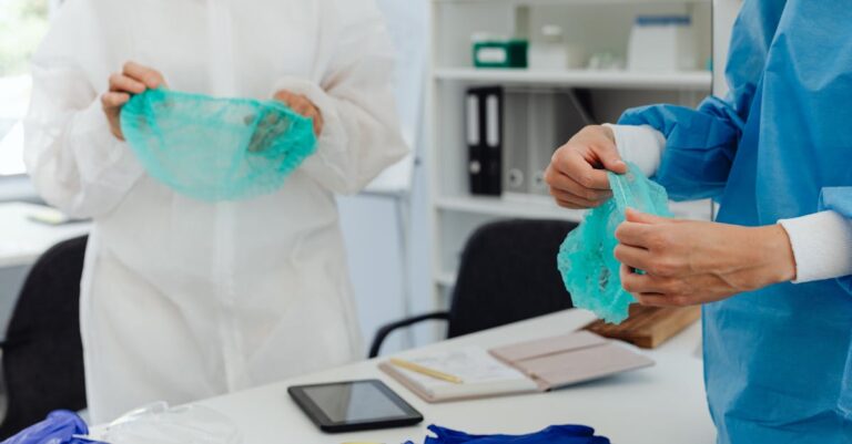 Pesquisador segurando escudo simbólico protegendo documentos acadêmicos e questionário em mesa clean.