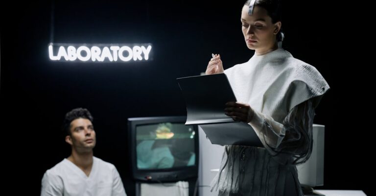 Cientista revisando notas finais em tablet com expressão de conclusão em fundo claro