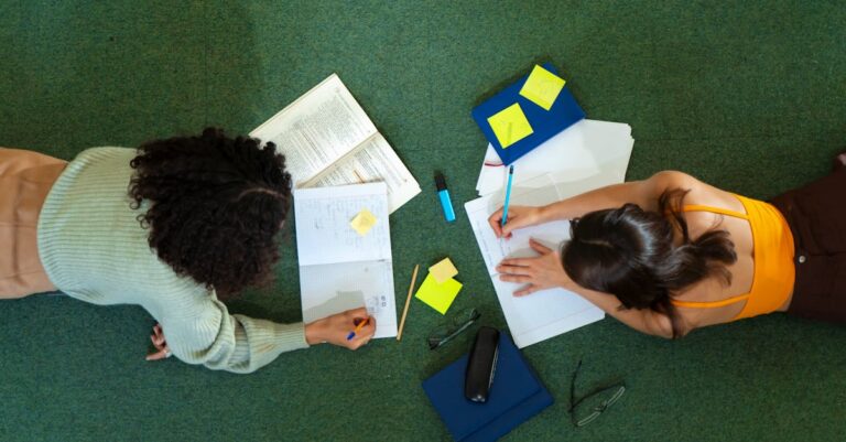 Estudante organizada classificando notas de literatura em caderno com fundo claro