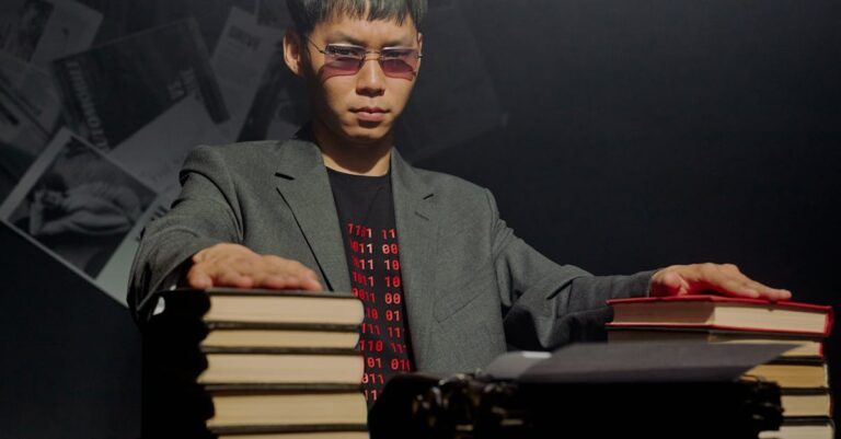 Pesquisadora lendo relatórios e tomando notas em mesa minimalista